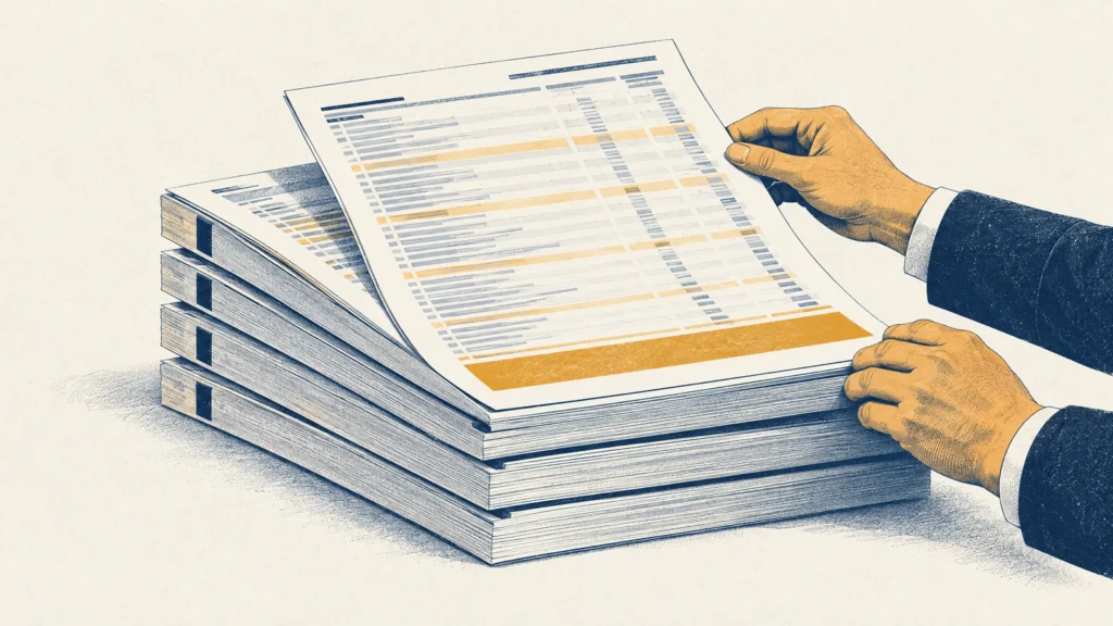Hands lifting the top invoice from a thick stack, its total band in amber