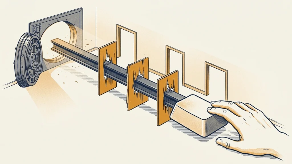 Screenprint illustration of a hand pressing a single large key that drives a steel beam through three torn panels into an open vault door