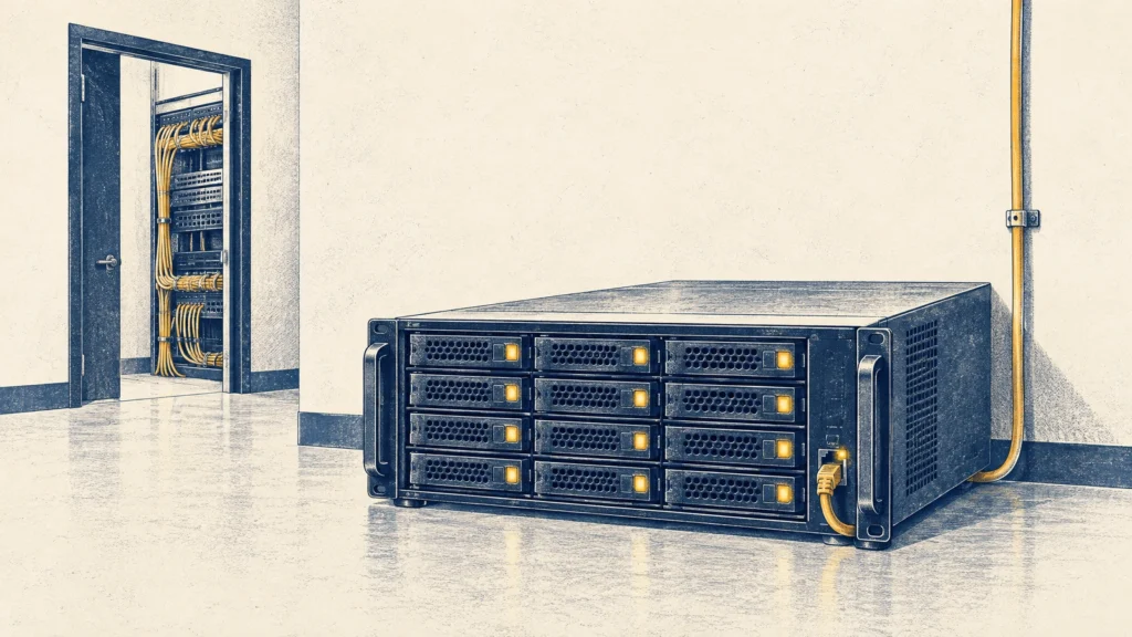 A database server with every drive light lit and one amber cable running from it to a rack through an open door