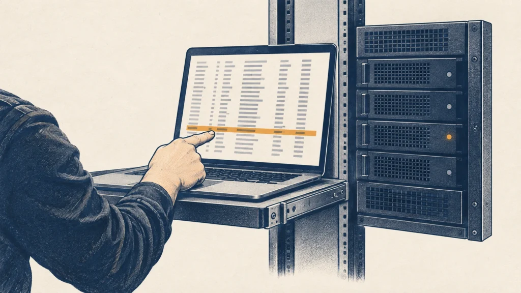 An operator pointing at a flagged row on a laptop beside a server rack