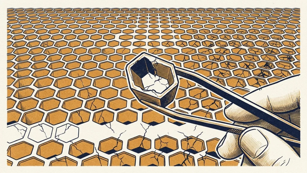 Screenprint illustration of a hand using tweezers to lift one cracked cell out of a vast honeycomb of cells, many of them cracked