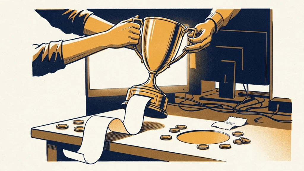 Two hands lift a golden trophy from a desk as a long paper receipt unrolls from its base, beside a computer monitor