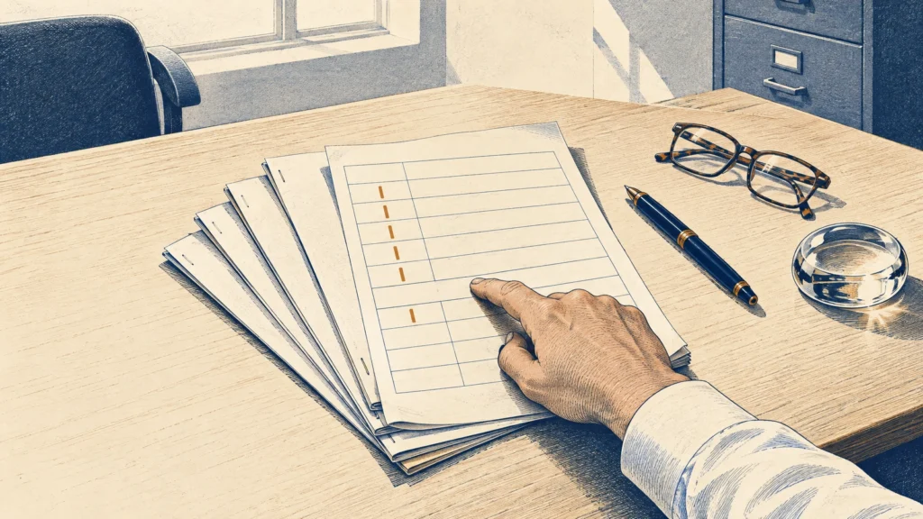 A hand on a ruled ledger sheet with a column of tally marks, glasses and a pen beside it