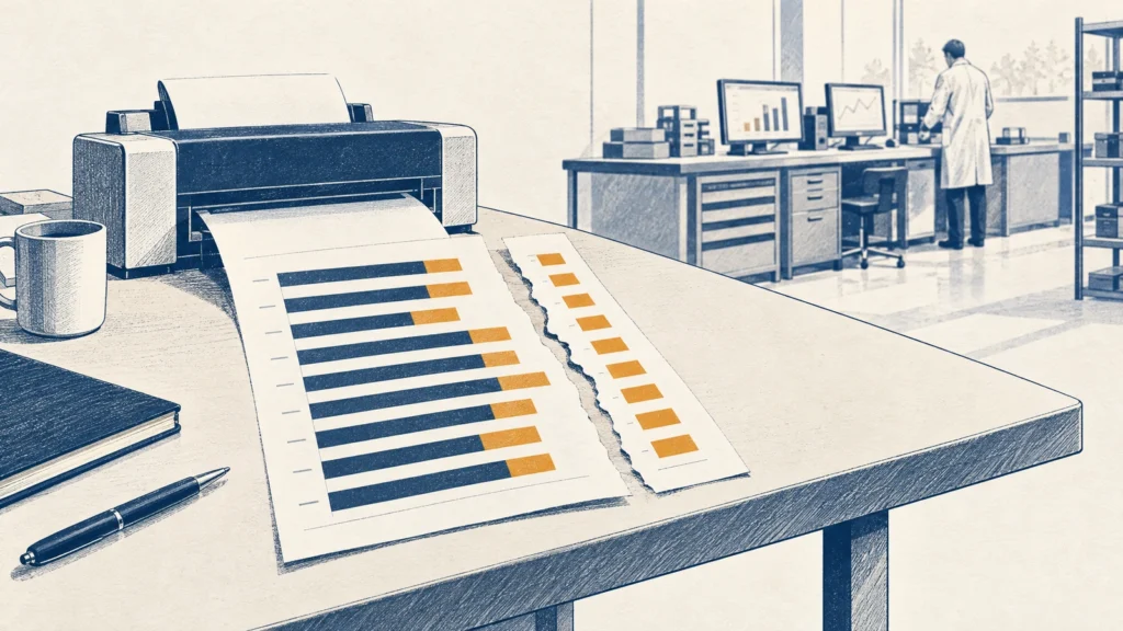 A printed benchmark result sheet on a test bench with the amber end of every bar torn off as a separate strip