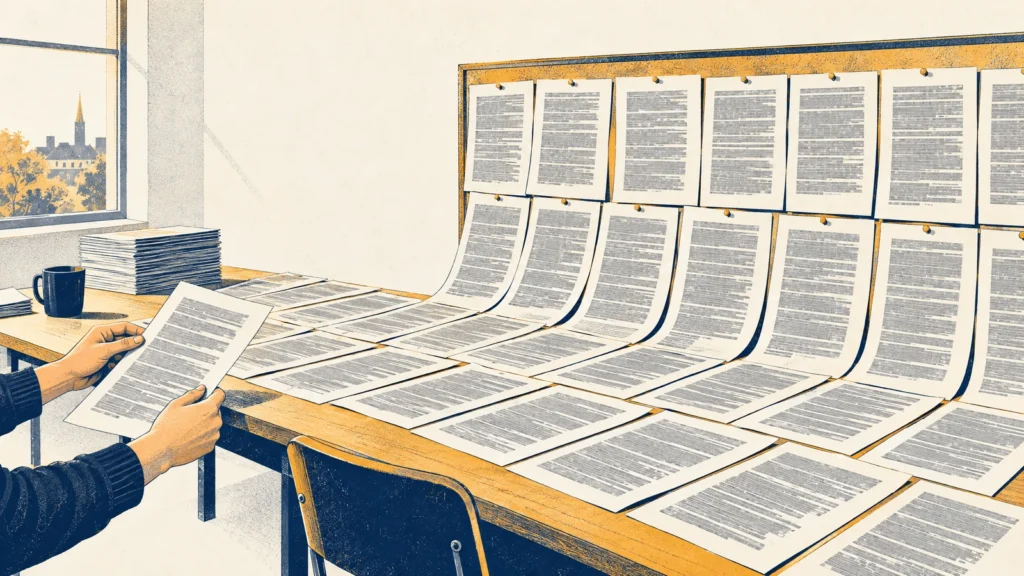 Hands holding one page of a recovered log, with dozens more pinned to a board and spread across a table in a small office