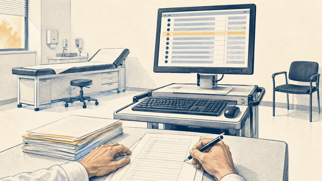 Hands filling in a question sheet in a clinic exam room, in front of a workstation with one row flagged