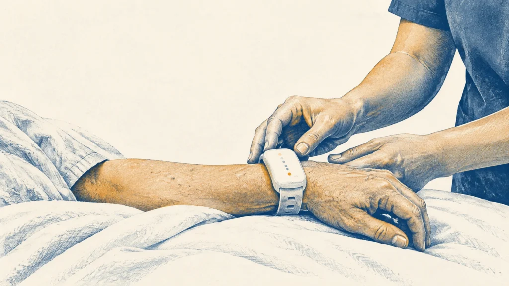 A nurse's hands checking a wearable monitor on a patient's wrist at the bedside
