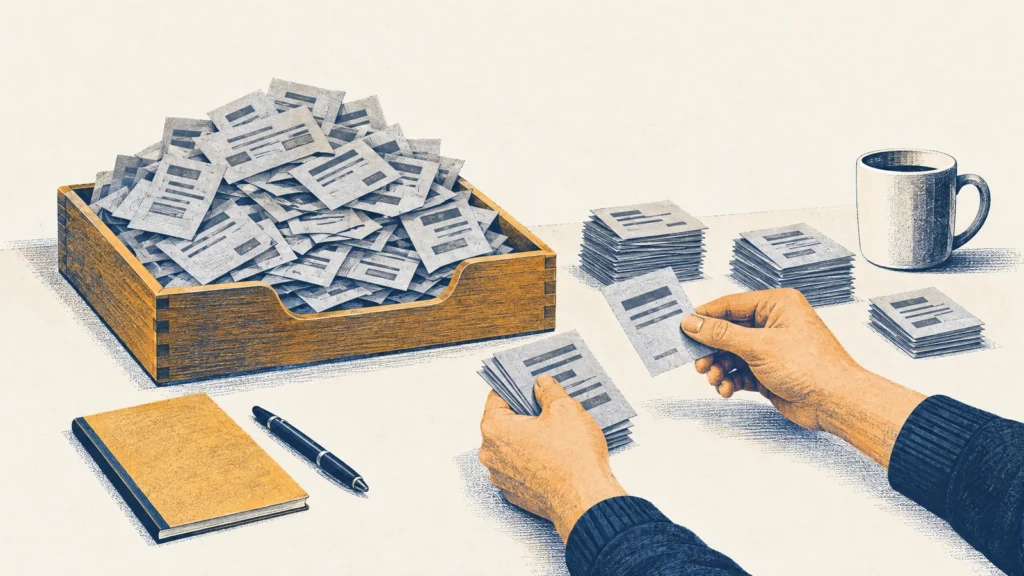 Hands sorting security reports into piles beside an in-tray that is overflowing with them