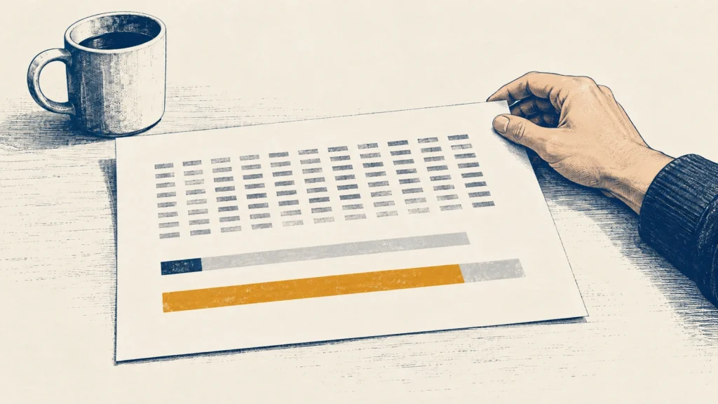 A hand holding a printed sheet on a desk, rows of blank entries above two bars, one short navy and one long amber, beside a coffee mug